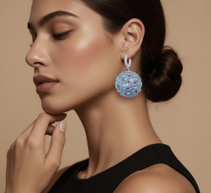 Atlantica - 34.7 carat Swiss Blue Topaz 0.4 carat Garnet .925 Sterling Silver dipped in Rhodium Handcrafted Statement earrings - Side view of woman wearing blue topaz and garnet earring.