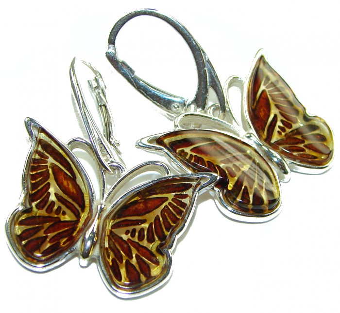 Butterflies carved Baltic Polish Amber .925 Sterling Silver earrings - photo 3