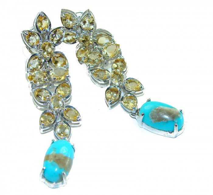 Luxurious Genuine Turquoise 12.5 Carat Citrine .925 Sterling Silver handcrafted Earrings - photo 4