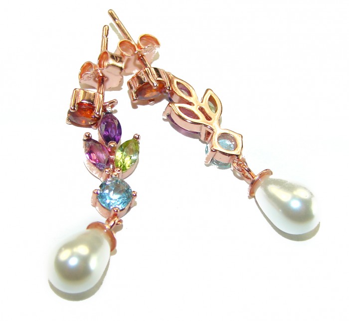 Genuine Pearl Multigem 18K Gold over .925 Sterling Silver handcrafted Statement Earrings - Close-up of genuine pearl and multigem earrings on white background