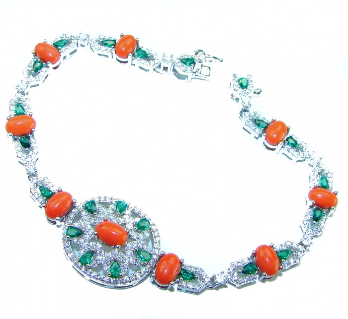 Serenity - 72.5 carat genuine Coral Emerald .925 Sterling Silver handmade Statement Bracelet - Necklace full view with coral and emerald stones on sterling silver.
