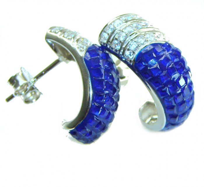 Blue Royalty 7.2 carat Sapphire .925 Sterling Silver .925 Sterling Silver Statement earrings - Close-up of Blue Royalty sapphire and silver earrings.