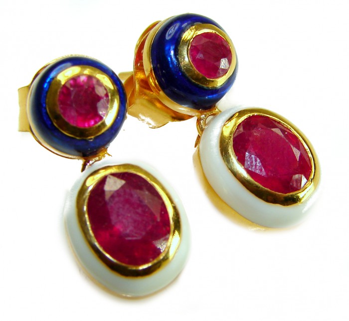 Countless Blessings Genuine 4.5 carat Authentic Ruby enamel 18K Gold over .925 Sterling Silver handcrafted earrings - Close-up of gold and ruby enamel earrings with white and blue accents