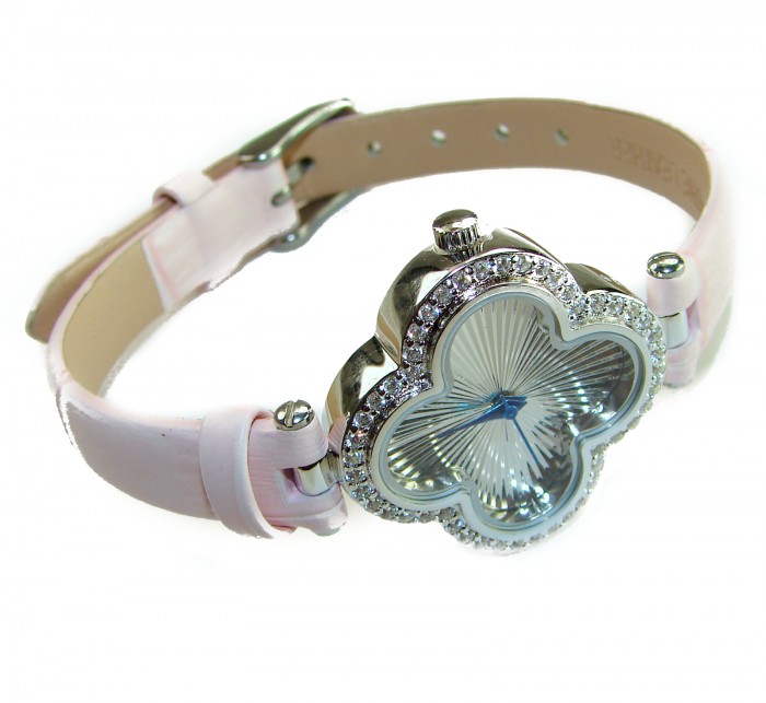 Precious Four Leaf Clover Genuine Leather strap .925 Sterling Silver handmade Watch - Side view of four-leaf clover watch with pink leather strap and crystals.