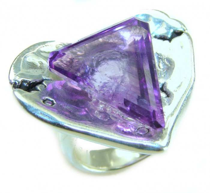 Large Heart Genuine 17.5 CARAT Amethyst .925 Sterling Silver Large Statement Ring size 7 - Amethyst ring close-up, heart-shaped silver setting, 17.5 carats.