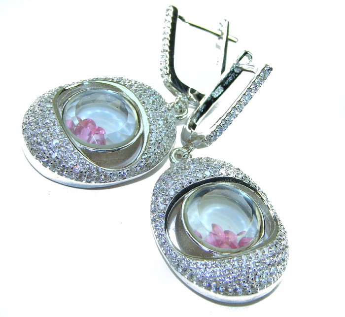 Floating Memories 11.5 carat Pink Sapphire .925 Sterling Silver Handcrafted Statement earrings - Close-up of Floating Memories pink sapphire earrings in sterling silver.