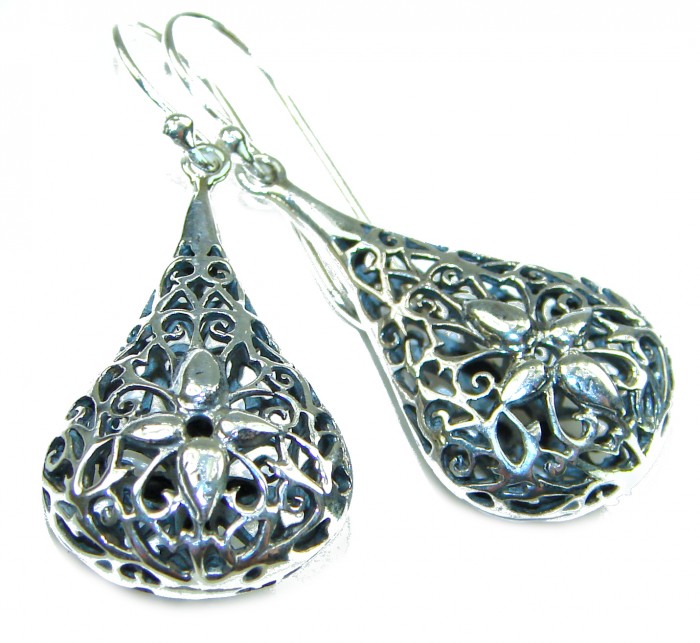 Free Spirit- bohemian Style .925 Sterling Silver handmade Bali made Oversized Earrings - Intricate bohemian-style sterling silver earrings, close-up view.