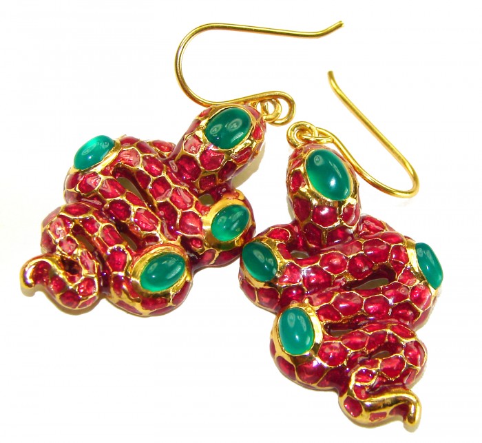Red Cobra Snakes Genuine Enamel Ruby 24K Gold over .925 Sterling Silver handcrafted Earrings - Red cobra snake earrings with green stones, front view.