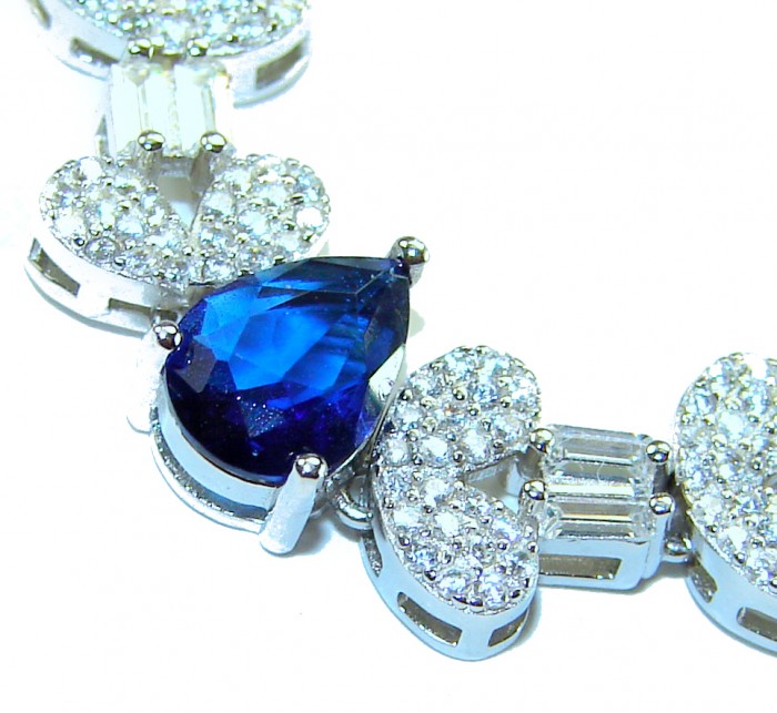 Art deco - Magnificent Jewel 6.5 carat Sapphire .925 Sterling Silver handcrafted incredible Bracelet - Close-up of sapphire with diamond accents on sterling silver jewelry.