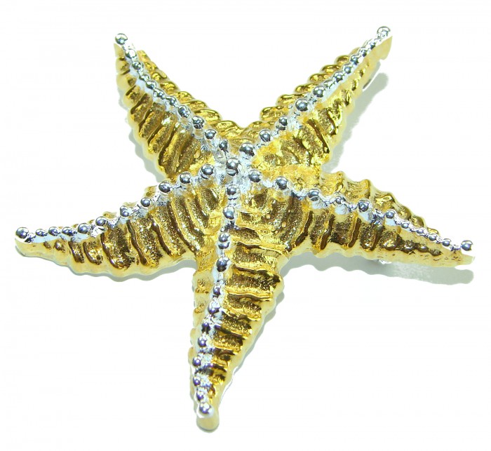 Large Italy made Starfish 18K Gold over .925 Sterling Silver handmade Pendant - Brooch - Starfish jewelry, top view, 18K gold over sterling silver with silver accents.