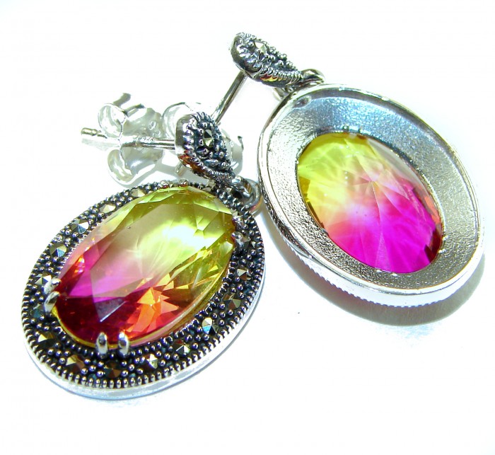 Tiffany 17.5 carat Ametrine Marcasite .925 Sterling Silver HANDCRAFTED Earrings - Close-up of Tiffany 17.5 ct Ametrine Marcasite Sterling Silver earrings