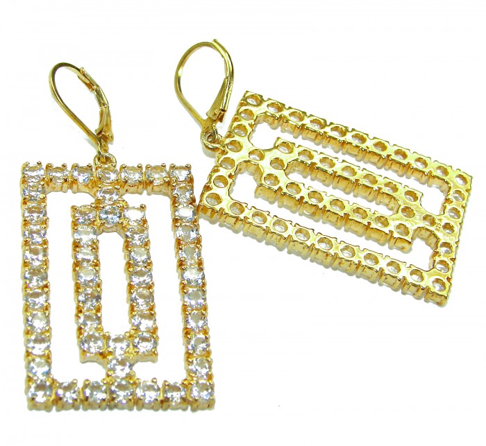 Large Extravaganza White Topaz 18K Gold over .925 Sterling Silver handcrafted Earrings - Gold and topaz rectangular earrings, angled view, showing stones and clasp.