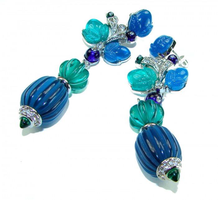 Acqua di Parma - Very Unique 60.5 carat Emerald Sapphire .925 Sterling Silver handcrafted earrings - Colorful gem drop earrings with blue and green stones, top view.