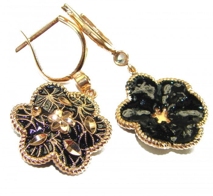 Dubai Style - Golden Flowers black enamel .925 Sterling Silver dipped in 22K Rose Gold handmade Earrings - Golden floral earrings with black enamel, front and back view.