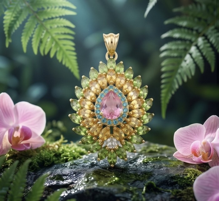 Giovanna - Victorian style - 55.5 carat Authentic Rose Quartz Brazilian Peridot .925 Sterling Silver handcrafted Pendant - Victorian style pendant with pink stone, surrounded by greenery and orchids.