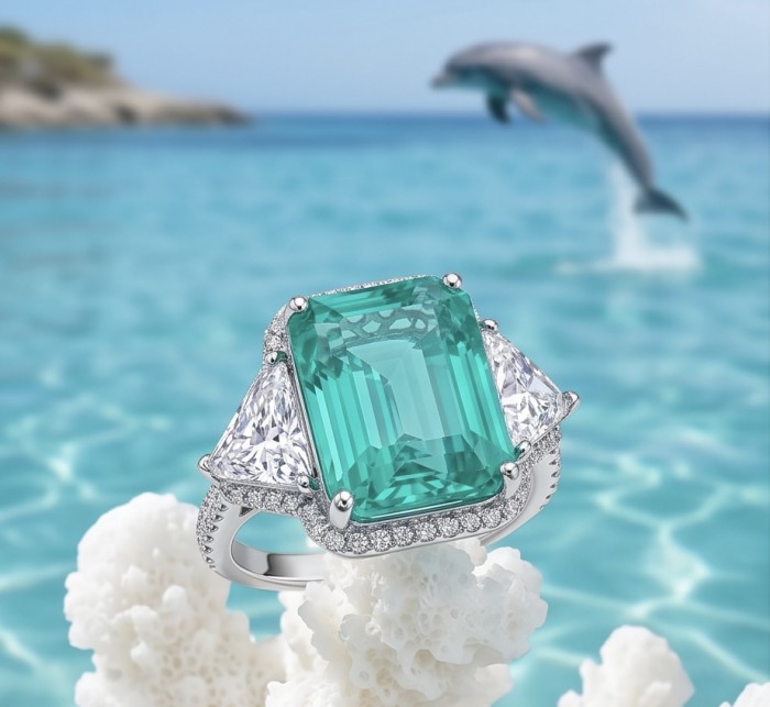 Empress of Colombia 12.2 carat natural Emerald .925 Sterling Silver dipped in Rhodium handcrafted Ring size 6 1/4 - Emerald ring close-up on coral, dolphin in background.