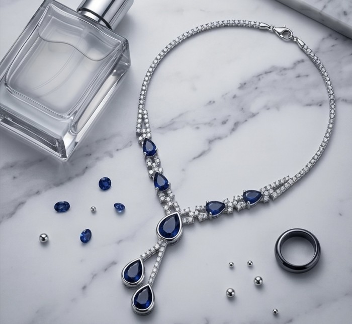 Blue Royalty 16.2 carat Sapphire .925 Sterling Silver handcrafted Statement Necklace - Top view of blue sapphire necklace with perfume bottle and ring.