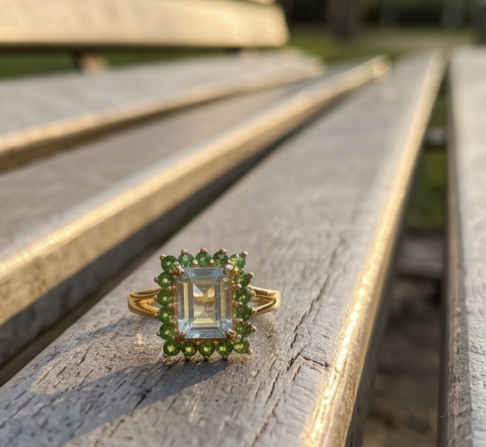4.2 carat Green Amethyst 18K Gold over .925 Sterling Silver Handcrafted Ring size 7 - Close-up of green amethyst ring on bench, 18K gold over sterling silver
