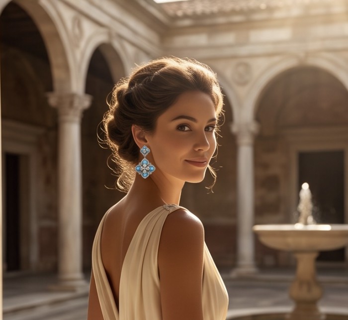 Pacifica - 9.8 carat SLEEPING BEAUTY Turquoise Rhodium over .925 Sterling Silver handmade Statement Earrings - Side view of woman wearing Pacifica turquoise earrings in courtyard.