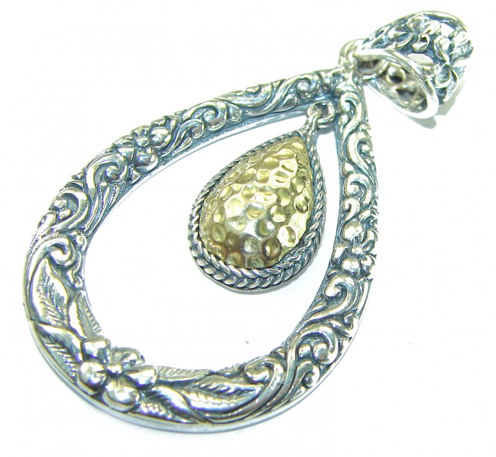 Bali Treasure 2 tones .925 Sterling Silver BALI handcrafted Pendant - Ornate silver and gold teardrop pendant, detailed close-up view
