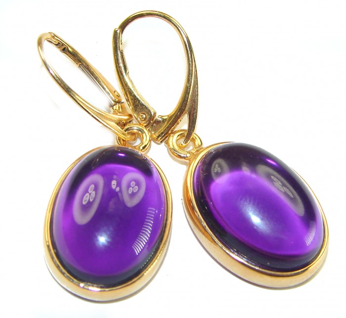 Lavender Beauty authentic 10.2 carat Amethyst 14K Gold over .925 Sterling Silver handcrafted earrings - Close-up of Lavender Beauty amethyst earrings with gold setting.