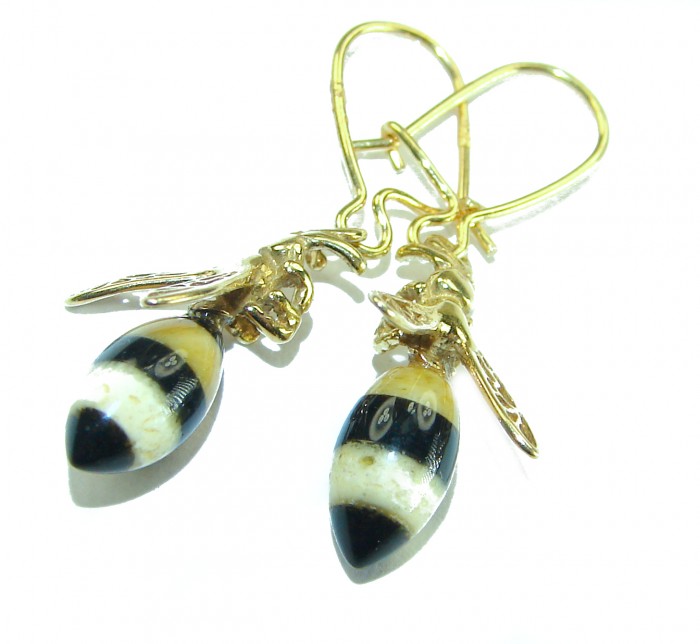 Very Special product - Wonderful Bees Baltic Amber 18K Gold over .925 Sterling Silver entirely handcrafted earrings - Bee-shaped amber earrings in side view with 18K gold detailing.