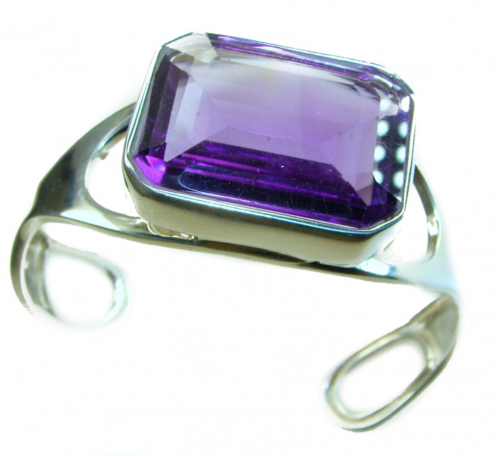 Prodigy - Real Treasure- Genuine 55.6 CARAT Amethyst .925 Sterling Silver handcrafted Bracelet / Cuff - Amethyst ring close-up, rectangular stone with silver band.