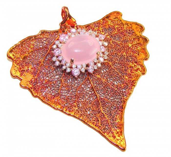 Rain Drop REAL Leaf dipped in copper Boulder Opal & .925 Sterling Silver Pendant - Copper leaf pendant with pink opal, top view close-up.