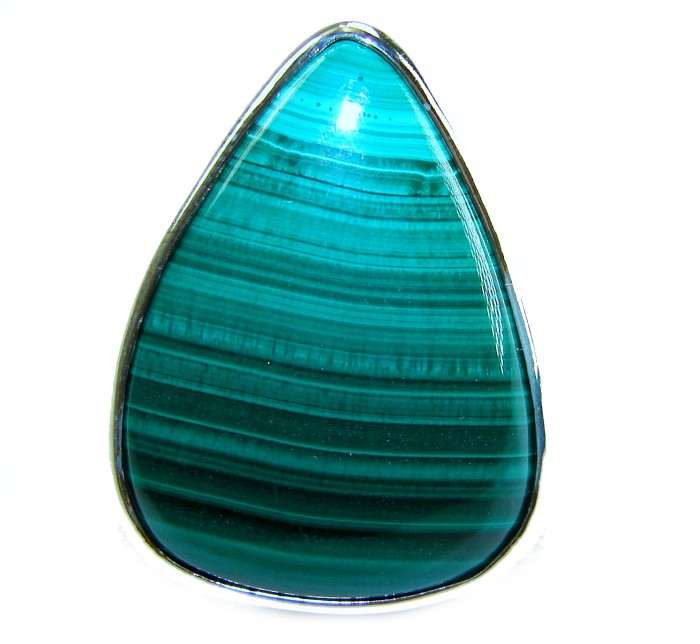 25.5 CARAT genuine Malachite .925 Sterling Silver handcrafted ring size 7 adjustable - Close-up of 25.5 carat Malachite in .925 Sterling Silver setting.