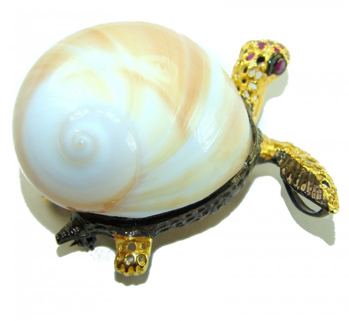 Good health and Long life Big Turtle Genuine Ocean Shell Ruby 14K Gold over .925 Sterling Silver handcrafted brooch - Side view of turtle jewelry with ocean shell and gold details.