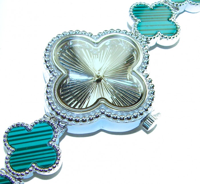 Precious Authentic inlay Australian Malachite .925 Sterling Silver handmade Bracelet Watch - Close-up of clover-shaped sterling watch with malachite inlay.