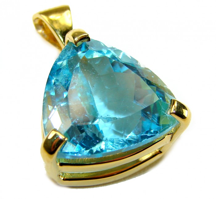 Atlantica TRILLION cut 12.9 carat Swiss Blue Topaz 18K Gold over .925 Sterling Silver Handcrafted Pendant - Close-up of Atlantica TRILLION cut blue topaz pendant in 18K gold.