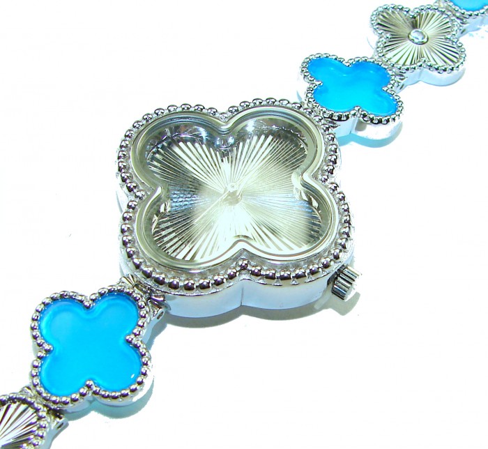 Precious Authentic inlay BLUE TOPAZ .925 Sterling Silver handmade Bracelet Watch - Close-up of blue topaz and silver clover-shaped jewelry detail.
