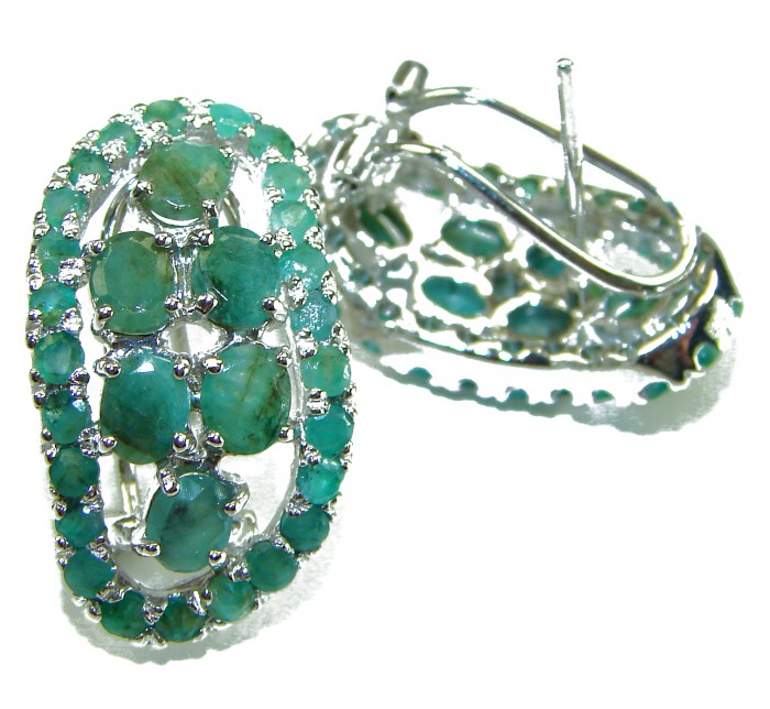Born to Glam authentic 18.7 carat Colombian Emerald .925 Sterling Silver handcrafted Statement earrings - Colombian emerald earrings, front view showing stones in silver setting.