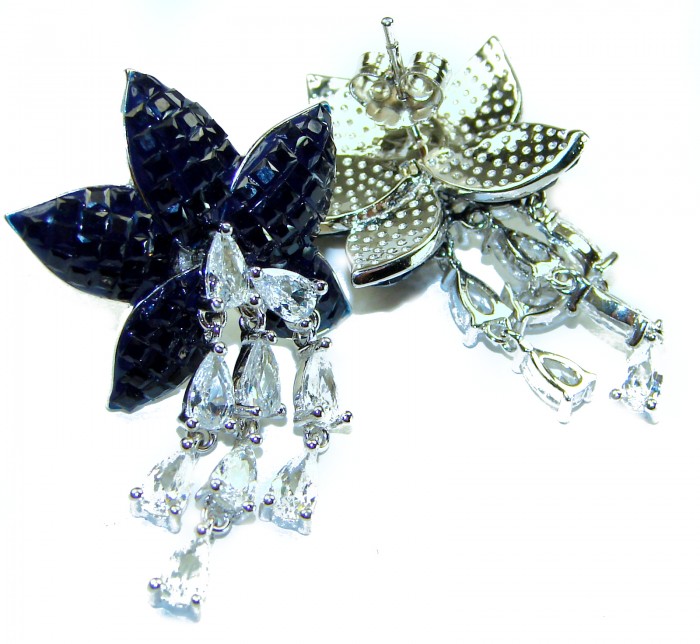 Magnificent Jewel 15.5 carat Sapphire .925 Sterling Silver handcrafted incredible earrings - Close-up of Magnificent Jewel 15.5 carat Sapphire earrings, front view.