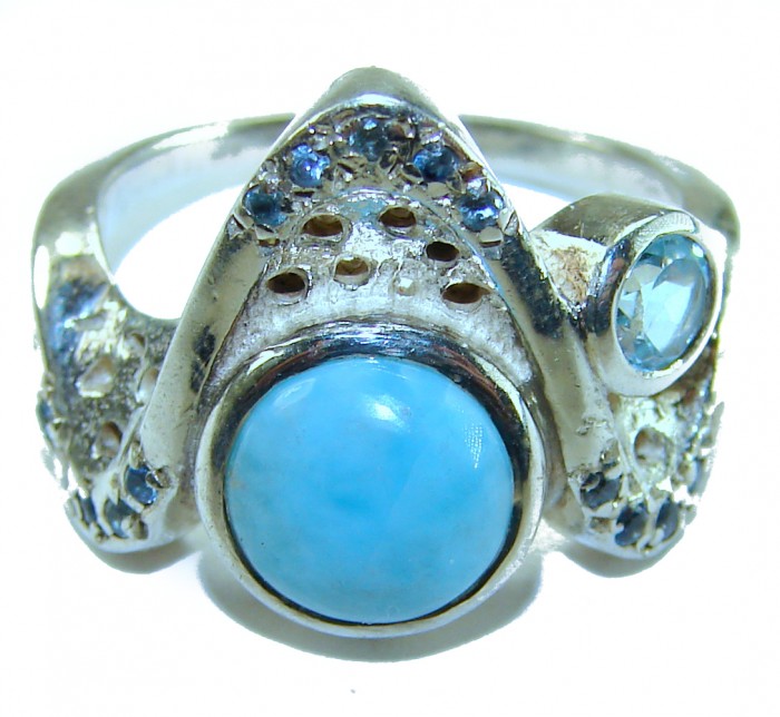 Blue Perfection AUTHENTIC Larimar .925 Sterling Silver handmade Large ring size 7 1/2 - Close-up of Larimar .925 sterling silver ring with blue stones.