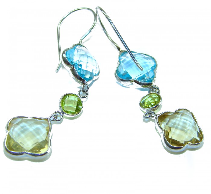 Clover 15.7 carat Swiss Blue Topaz Green Amethyst .925 Sterling Silver Statement earrings - Clover earrings, side view with blue topaz and green amethyst stones.