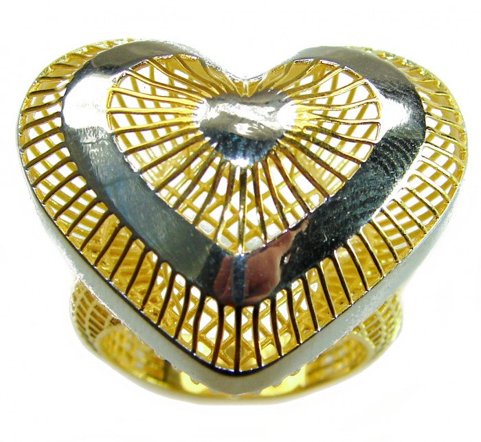 Dubai Style - Golden Heart .925 Sterling Silver dipped in 22K Gold handmade Large ring size 7 - Front view of Dubai Style golden heart sterling silver ring.