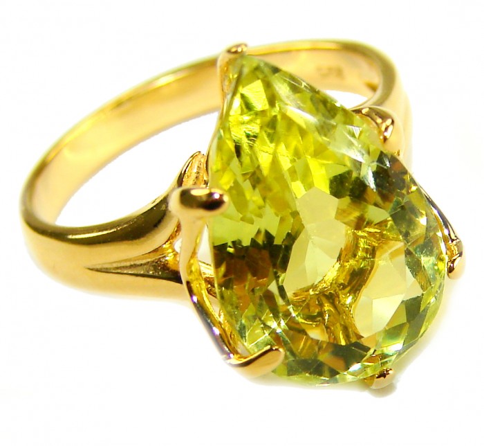 Solid 11.8 carat Genuine Lemon Quartz .925 Sterling Silver DIPPED IN REAL 18K GOLD handcrafted ring size 8 - Close-up of lemon quartz ring in sterling silver setting