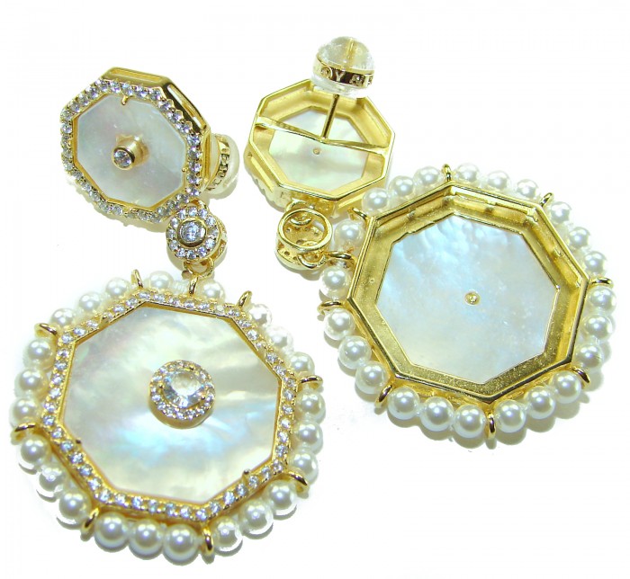 Large - Sublime Blister Pearl White Sapphire 18K Gold over .925 Sterling Silver handcrafted Earrings - Octagonal earrings, gold and pearl, top view with stone details.