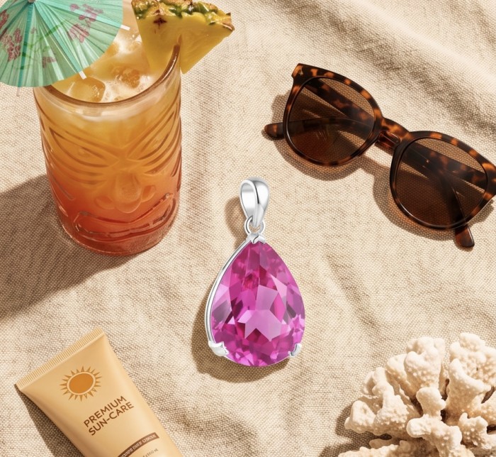 Incredible pear cut 17.8 carat Pink Sapphire .925 Sterling Silver handcrafted pendant - Pink sapphire pendant on beach towel with sunglasses and tropical drink.