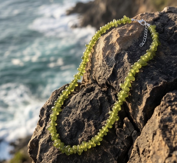 Melissa - Great Masterpiece 45.7 carat genuine Brazilian Peridot .925 Sterling Silver handmade Statement necklace - Green gemstone necklace on rock by ocean, full view.