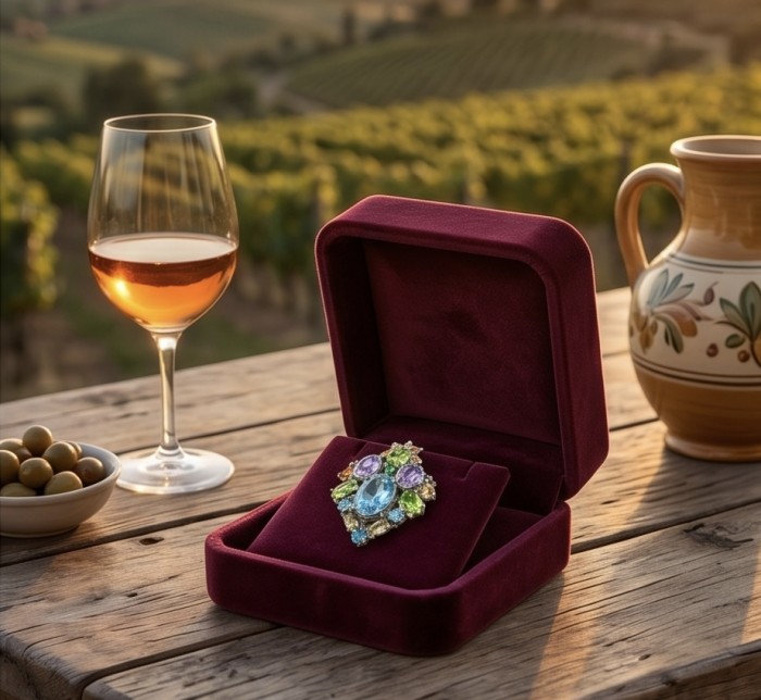 Atlantica 33.7 carat Swiss Blue Topaz .925 Sterling Silver dipped in rhodium Handcrafted Statement Large earrings - Atlantica 33.7 ct Blue Topaz brooch in box on rustic table, vineyard view