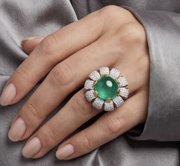 Red Flower Natural 14.2 carat Colombian Emerald .925 Sterling Silver dipped rhodium handmade two tones Statement Ring size 8 - Emerald flower ring, 14.2 carat, worn on hand, close-up.