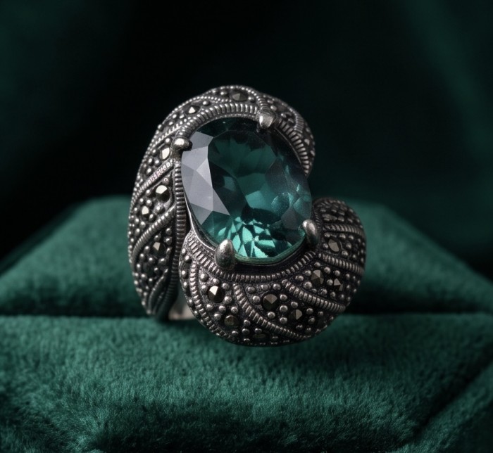 Blue Marina Massive Blue 16.8 carat Aquamarine .925 Sterling Silver handcrafted ring size 7 - Close-up of Blue Marina 16.8 ct aquamarine in ornate silver setting