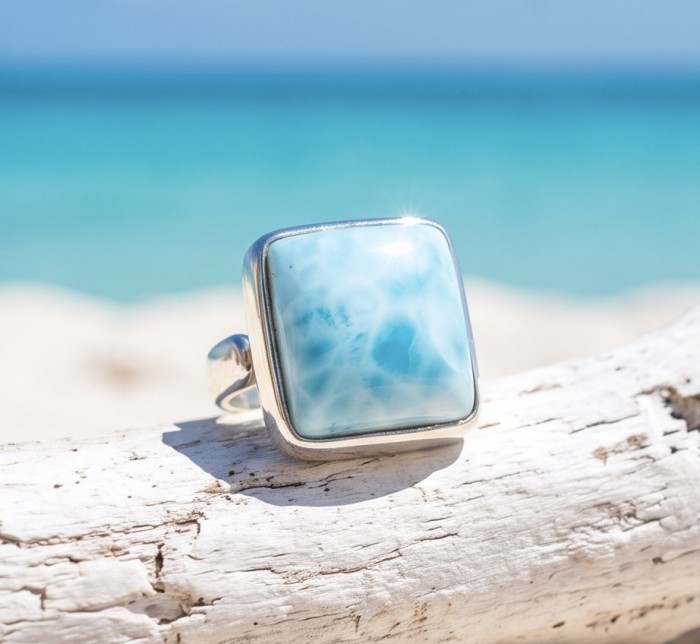 20.8 carat Blue Perfection natural Larimar .925 Sterling Silver handmade ring size 8 adjustable - Close-up of 20.8 carat Larimar ring on driftwood by the sea