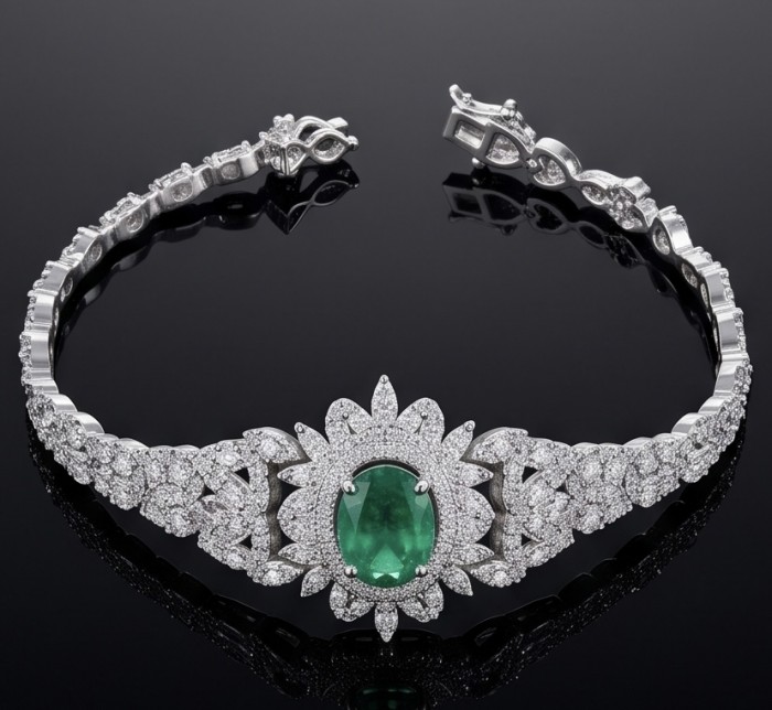 Precious 8.2 carat natural Colombian Emerald rhodium over .925 Sterling Silver .925 Sterling Silver Statement Bracelet - Emerald and diamond bracelet, top view showcasing central gemstone.