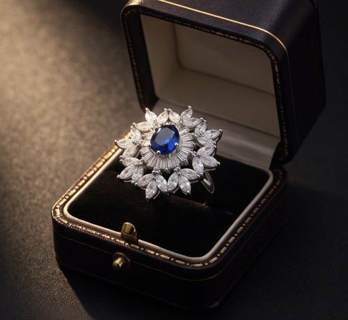 Classy design - baquette cut 6.7 carat natural Sapphire .925 Sterling Silver Perfectly handcrafted Ring s. 8 - Sapphire ring in box, top view, with intricate diamond setting.