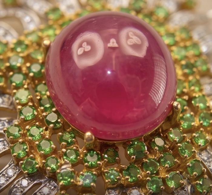 Abundant Blessings - Precious - Genuine 27.5 carat Ruby 18K Gold over .925 Sterling Silver handmade Pendant and Brooch - Stone close-up of Abundant Blessings Ruby with green and white gemstones.
