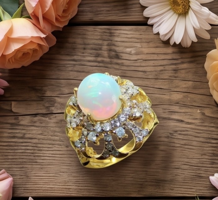 Vitage Victorian Design Genuine 8.8 carat Ethiopian Opal 22K Gold over .925 Sterling Silver handmade Ring size 6 1/4 - Opal ring top view with floral design surrounded by flowers.